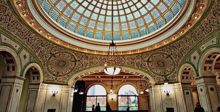 The magnificent Tiffany glass dome in Preston Hall at the Chicago Cultural Center.