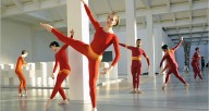Andrea Weber (center) and fellow dancers of MCDC in DIA: Beacon Event. Photo by Stephanie Berger (2008). Photo courtesy of the Merce Cunningham Trust.