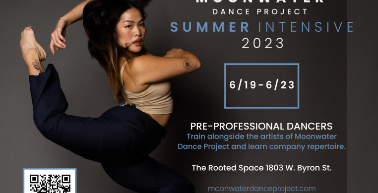 Advertisement for Moonwater Dance Project summer intensive on June 19-23rd 2023. Features a dancer leaping up in the air looking into the camera. 