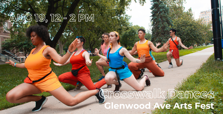 Synapse Arts dancers in colorful costumes are lunging forward while their arms are reaching to the sides. Text reads: Aug 19, 12 - 2 PM, Crosswalk Dances Glennwood Ave Arts Fest.