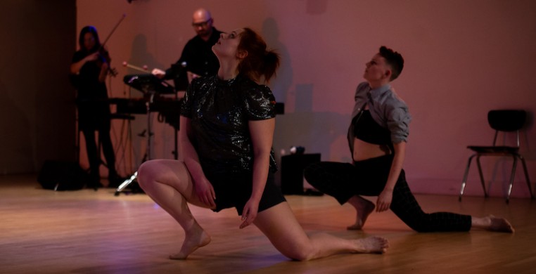 Chloe Grace Michels (foreground, left) and Andy Slavin, performing Emma Draves' "With every breath I..." Danced to live music by Thor Bremer (background, right) and Stephanie Young. Photo by Stephanie Toland Photography