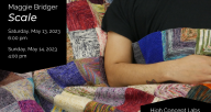 Detail of person in black t-shirt laying under crocheted blanket with text "Maggie Bridger | Scale" and date and location of performance