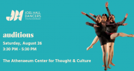 A teal background with an image of three dancers and the text Joel Hall Dancers Youth Company auditions, Saturday August 26 3:30 PM - 5:30 PM, The Athenaeum Center for Thought and Culture
