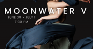 Poster for Moonwater V. A dancer is suspended in the air mid jump as a blue fabric floats around her. 