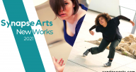 A banner with blue and white text that reads "Synapse Arts New Works 2021" on the center left of the banner. The right side of the banner shows two images of two different dancers.