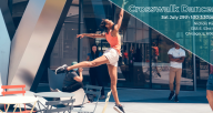 Text reads, “Crosswalk Dances Sat July 29th 1:30 - 3:30 PM Nichols Park, 1355 E 53rd St, Chicago, IL 60615”. Photo shows a Synapse Arts dancer leaping in the air in front of the office building, and audience members watching her with admiration. 