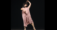 Ayako Kato dancing in a gentle pink soft gauze dress with the feeling of between heaven and earth